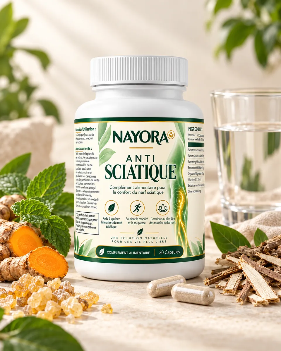 Flacon NAYORA Anti Sciatique avec un verre d’eau